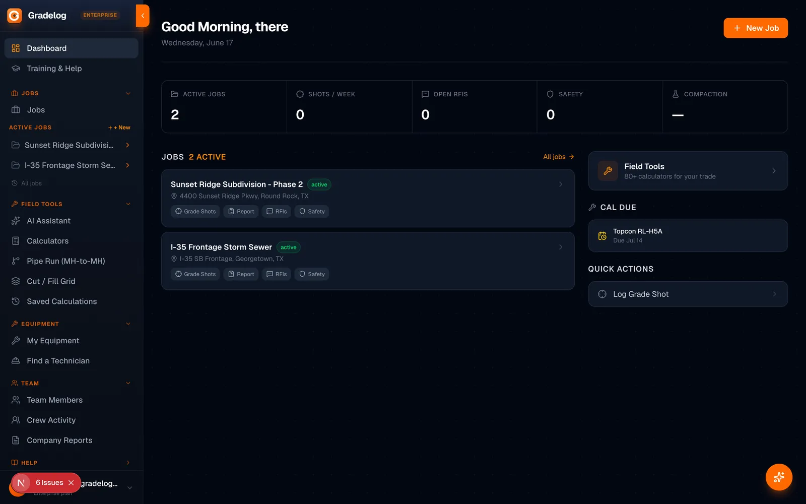 Gradelog dashboard — live field overview with grade shots, photos, and equipment status